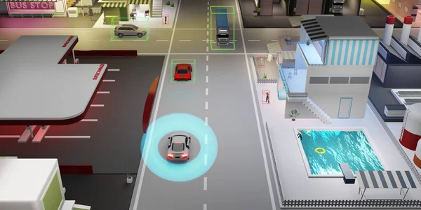 Auto Pilot autonomous car self-driving vehicle car driverless object detection sensor digital speedometer   UGV Advanced driver assistant system  3d illustration