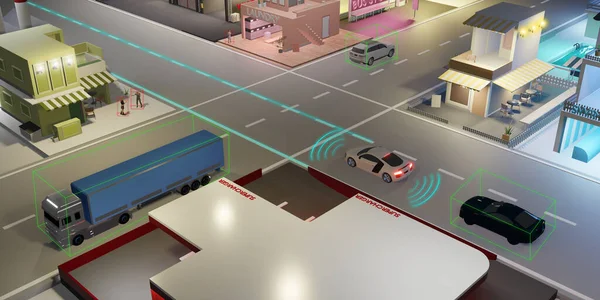 Auto Pilot autonomous car self-driving vehicle car driverless object detection sensor digital speedometer   UGV Advanced driver assistant system  3d illustration