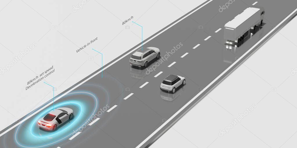 Autopilot ADAPTIVE CRUISE CONTROL system EV Front car distance Auto emergency braking  emergency braking to avoid collisions 3D rendering