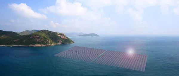 Solar Photovoltaic Station Dam Floating Solar Panel Raft Aerial View — 스톡 사진