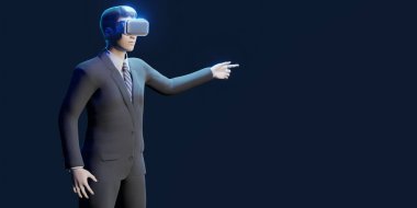 Metaverse hisse senedi ticareti ve 3D illüstrasyonunda VR kamerasıyla çalışan iş adamı.