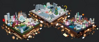 Kum havuzunun ülkesi Metaverse Diyarı 'nın dünyası Metaverse 3 boyutlu illüstrasyon dünyasında ticaret yapıyor.