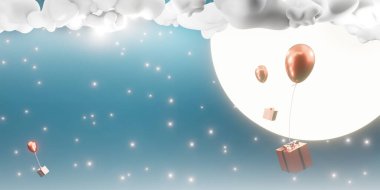 Geceleyin gökyüzünde yüzen balonların ve hediye kutularının arkaplan resmi. Yıldızlı bir gece. Yeni yıl kartı doğum günü kartı.