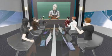 Ofiste Metaverse avatarları Çevrimiçi toplantılar ve sınıflar Metaverse 3D çizimler dünyasındaki insanlar