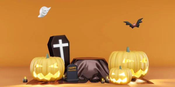 Halloween Background Podium 박쥐와 Pumpkins — 스톡 사진