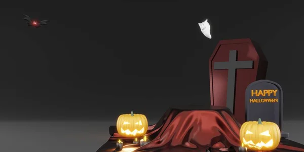 Halloween Hintergrund Podium Sarg Fledermäuse Und Kürbisse Illustration — Stockfoto