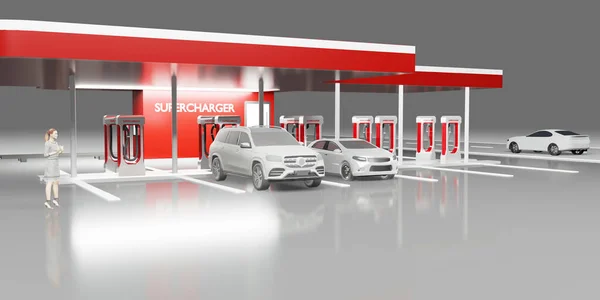 car charging station electric car power station charging in the garage 3d illustration