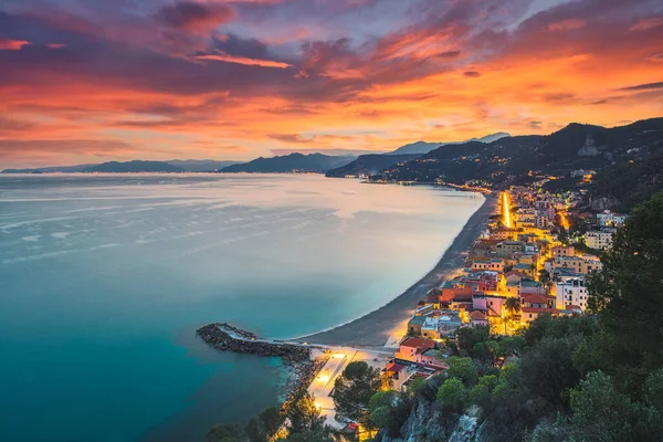 Aerial view of the beach of Varigotti during blue hour. Liguria, Italy — Stock Photo, Image