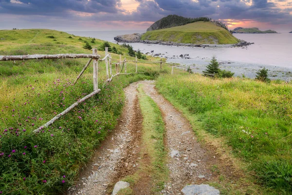 Oud houten hek dat leidt naar het strand met eilanden in de verte in Tors Cove, Newfoundland, canada — Stockfoto