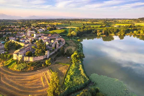 Aerial View One Best Village Italy Heart Shaped Lake Castellaro — Foto de Stock