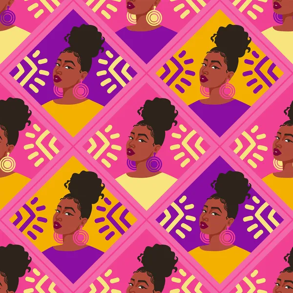Abstraktes Muster Mit Erstaunlich Schönen Schwarzen Frauen Und Geometrischen Elementen — Stockvektor