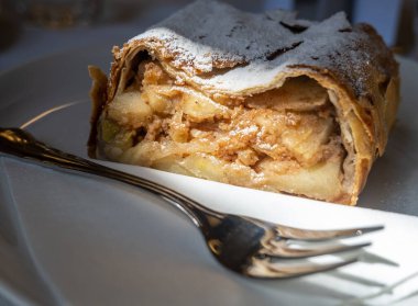 Elmalı turta ile yakın plan bir çatal, tipik Avusturya yemeği..