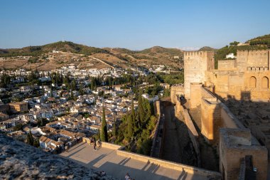 Aerial view of the city with historic center of Granada with some part of Alcazaba castle.