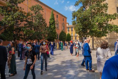GRANADA, SPAIN - SEPTEMBER 25, 2021: People celebrating wedding in Granada Cathedral.