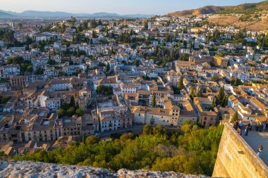 Aerial view of the city with historic center of Granada with some part of Alcazaba castle.