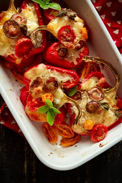 Red Bell Peppers Stuffed Rice Vegetables Mozzarella Cheese Seasoned Herbs — Stock Photo, Image