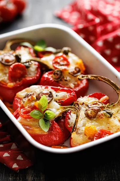Bell Peppers Stuffed Rice Vegetables Mozzarella Cheese Seasoned Herbs Baking — Stock Photo, Image