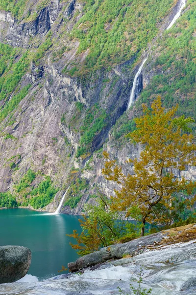 Valldal Noruega 2020 Junho Cachoeira Descendo Montanha Entrando Fiorde Primavera — Fotografia de Stock