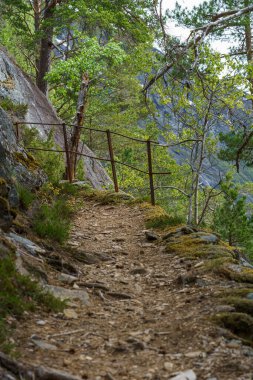 VALLDAL, NORway - 2020 Haziran 06. Yürüyüş denemelerinde bariyer olarak demir çelik çit.