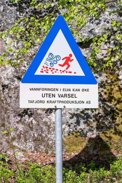 Tafjord Norway 2020 June Water Warning Sign Zakariasdammen Dam Run — Stock Photo, Image