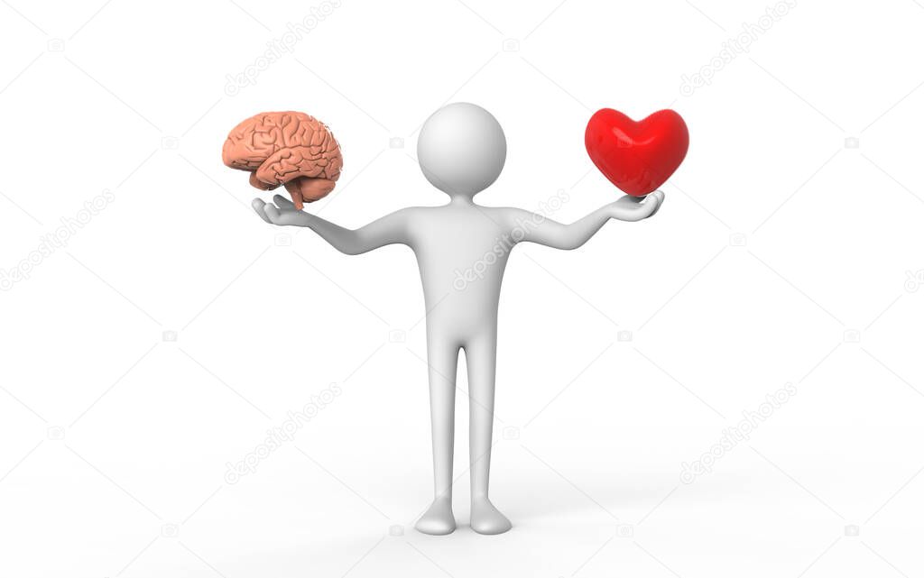 Cartoon man holding heart and brain in his hands - 3D Illustration