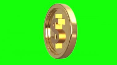 Yeşil zemin üzerinde 360 derece dönen dolar işareti olan altın gibi parlak bir sikke. Üç boyutlu altın sikke animasyonu. Dolar sembolü geri dönüşü