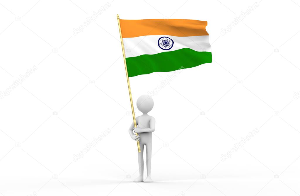 White cartoon man holding Indian Flag - 3D Illustration
