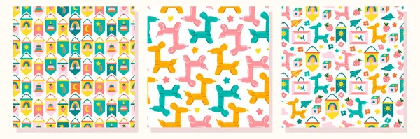 Baby Seamless Pattern Set Bright Colors Balloon Dog Frame Flag — Stock Vector