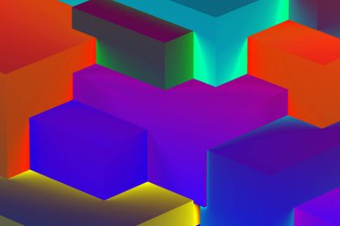 Neon ışıklı arka planda soyut geometrik kübik renkler. izometrik 3d oluşturucu.