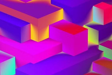 Neon ışıklı arka planda soyut geometrik kübik renkler. izometrik 3d oluşturucu.