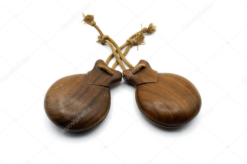 Spanish castanuelas, typical musical instrument of Spanish folklore, typical of the Aragonese jota on white background