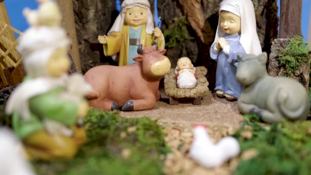 Kerstmis Belen Kerststal Crèche Met Jozef Maria Jezus Inzoomen — Stockvideo