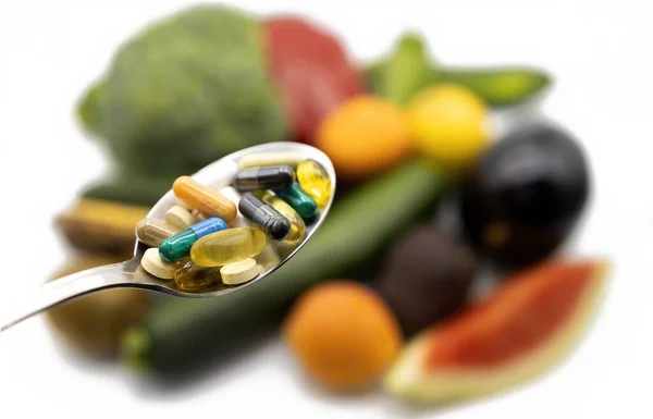 Capsules Pills Nutritional Supplements Fresh Vegetables Fruits Background Concept Healthy — Stock Photo, Image