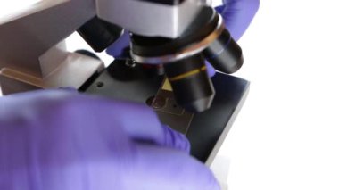  Using a microscope for biotechnology medical research on white background, copy space