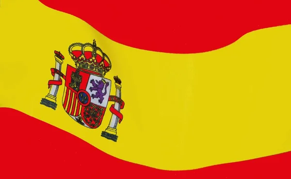 Bandera España Impresa Tela Con Escudo Constitucional Colores Rojo Dorado — Foto de Stock