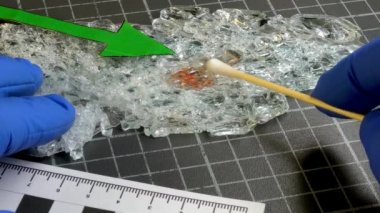 Olay Yeri İnceleme, polis bilimi, kırık camlarda izler, yeşil bir okla gösterilen bir suçtan kalan kan lekeleri.