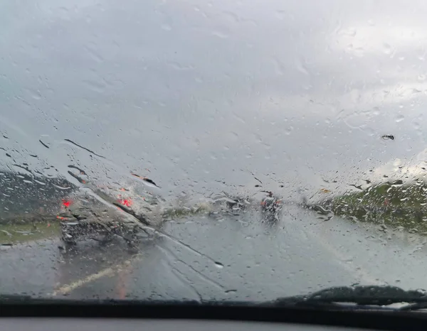 Driving Rain Frontal View Looking Car Windshield Rain Storm — Stock Photo, Image