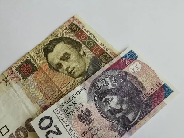 Bankovky Ukrajiny Polska Peníze Národní Měna 100 Uah Pln Varšava — Stock fotografie