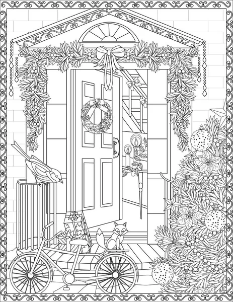 Christmas Coloring Page Adult — 스톡 벡터