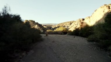 Granada 'nın güneyinde kurumuş bir nehrin videosu var. Taşlar ve kum var. Ağaçlar ve çalılar var.