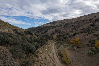 Granada 'nın güneyindeki dağda bir vadi, ağaçlar ve çalılar var, gökyüzünde bulutlar var.