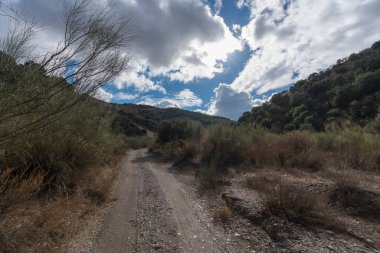 Dağlarda toprak yol, ağaçlar ve çalılar var, gökyüzünde bulutlar var.