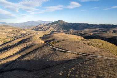 Granada 'nın güneyindeki dağlık bölgede badem mahsulleri var, gökyüzünde bulutlar var.