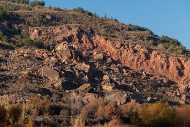 Bir dağ yamacında kayalar, ağaçlar ve çalılar var, gökyüzü açık