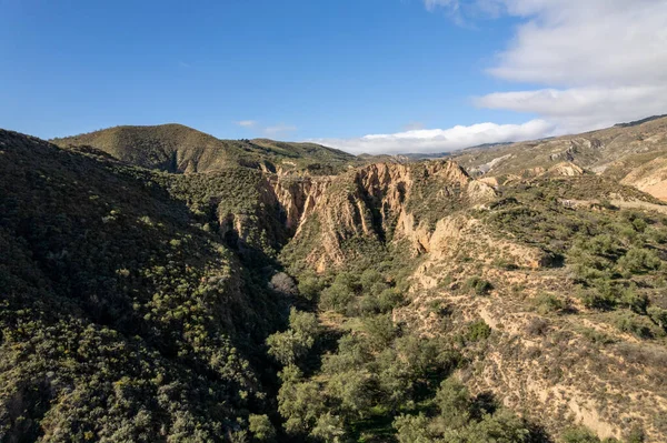 İspanya 'nın güneyindeki dağlık arazide ağaçlar ve çalılar var, gökyüzünde bulutlar var.