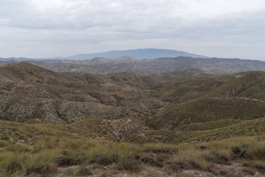 Almerya 'daki Tabernas Çölü' nün kurak manzarası (İspanya), dağlık bir manzara, çalılar var ve gökyüzü bulutlu.