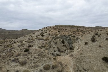 Almerya 'daki Tabernas Çölü' nün kurak manzarası (İspanya), dağlık bir manzara, çalılar var ve gökyüzü bulutlu.