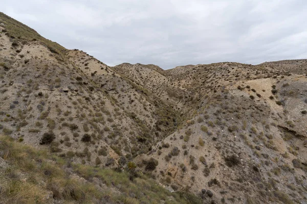 Almerya 'daki Tabernas Çölü' nün kurak manzarası (İspanya), dağlık bir manzara, çalılar var ve gökyüzü bulutlu.