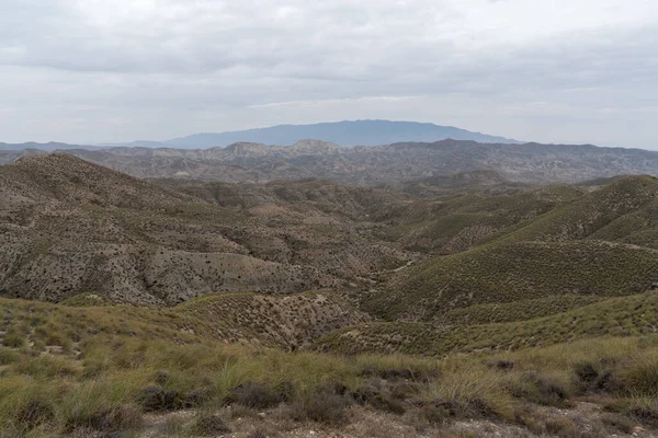 Almerya 'daki Tabernas Çölü' nün kurak manzarası (İspanya), dağlık bir manzara, çalılar var ve gökyüzü bulutlu.
