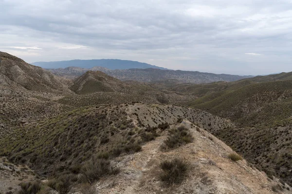 Almerya 'daki Tabernas Çölü' nün kurak manzarası (İspanya), dağlık bir manzara, çalılar var ve gökyüzü bulutlu.